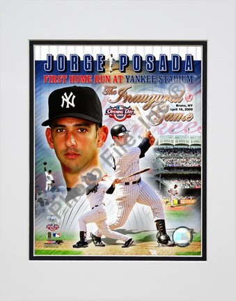 Jorge Posada "2009 Inaugural Game 1st Home Run" Portrait Plus Double Matted 8” x 10” Photograph (Unframed)