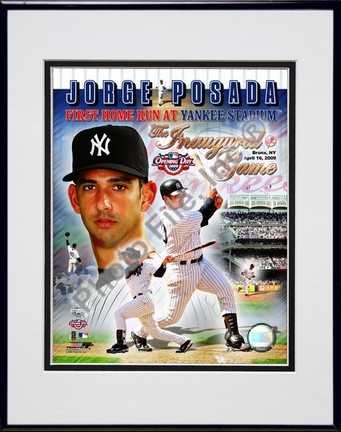 Jorge Posada "2009 Inaugural Game 1st Home Run" Portrait Plus Double Matted 8” x 10” Photograph in Black A