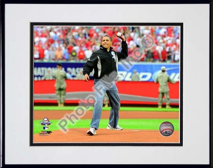 President Barack Obama throws out the first pitch 2009 MLB All-Star Game #110 Double Matted 8” x 10” Photograph in B