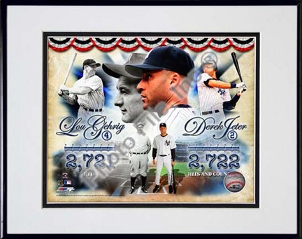 Derek Jeter and Lou Gehrig All-Time Yankee Hit Leader Composite Double Matted 8” x 10” Photograph in Black Anodized 