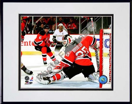 Martin Brodeur 2009 - 2010 Action "Block" Double Matted 8” x 10” Photograph in Black Anodized Aluminum Fra