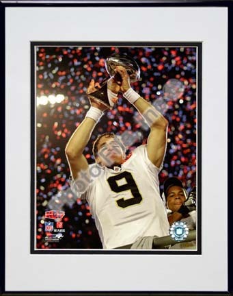 Drew Brees with the Vince Lombardi Trophy Super Bowl XLIV (#25) Double Matted 8” x 10” Photograph in Black Anodized 