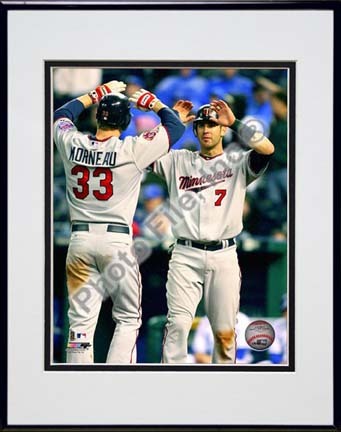 Joe Mauer & Justin Morneau 2010 Action "High Five" Double Matted 8” x 10” Photograph in Black Anodized