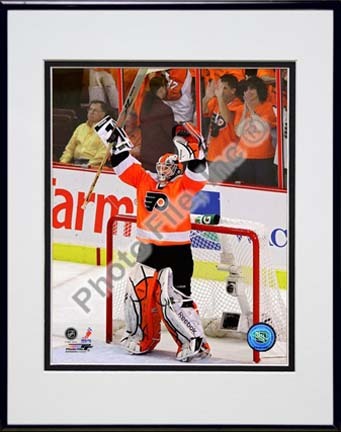 Michael Leighton 2009 - 2010 Playoff Action "Celebrate" Double Matted 8” x 10” Photograph in Black Anodize