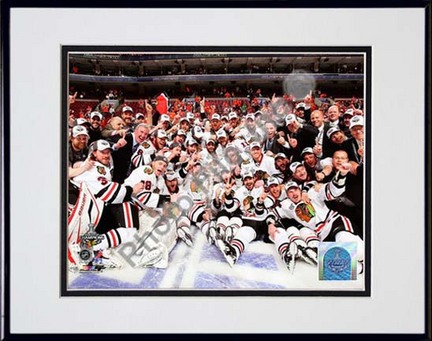Chicago Blackhawks 2009 - 2010 Team Celebration on Ice Double Matted 8” x 10” Photograph in Black Anodized Aluminum 