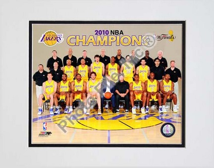 Los Angeles Lakers Team Sit Down with 2009 - 2010 NBA Champions Overlay (#31) Double Matted 8” x 10” Photograph (Unf
