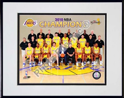Los Angeles Lakers Team Sit Down with 2009 - 2010 NBA Champions Overlay (#31) Double Matted 8” x 10” Photograph in B