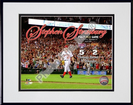 Stephen Strasburg 1st MLB Game With Overlay 2010 Action Double Matted 8” x 10” Photograph in Black Anodized Aluminum