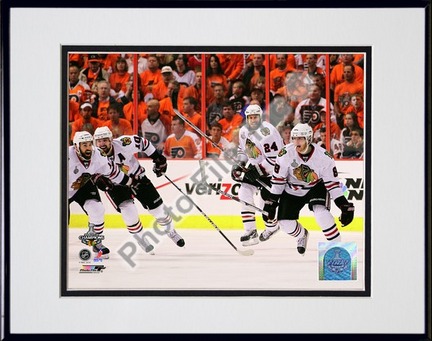 Patrick Kane, Patrick Sharp, & Nick Boynton Celebrate Winning the 2010 Stanley Cup (#24) Double Matted 8” x 10” 