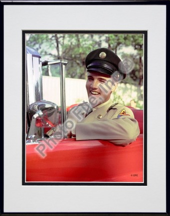 Elvis Presley Sitting in Car Wearing Uniform (#3) Double Matted 8” x 10” Photograph in Black Anodized Aluminum Frame