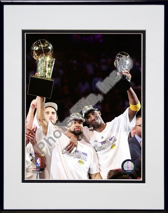 Derek Fisher and Kobe Bryant with Trophies Courtside (#24) Double Matted 8” x 10” Photograph in Black Anodized Alumi