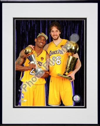 Kobe Bryant & Pau Gasol with 2010 NBA Finals Trophies in Studio (#26) Double Matted 8” x 10” Photograph in Black