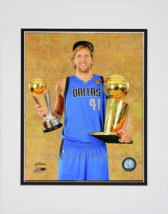 Dirk Nowitzki Dallas Mavericks 2011 NBA Finals "With Championship Trophy and MVP Trophy" Double Matted 8"