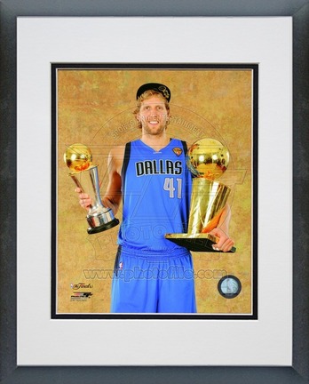Dirk Nowitzki Dallas Mavericks 2011 NBA Finals "With Championship Trophy and MVP Trophy" Double Matted 8"