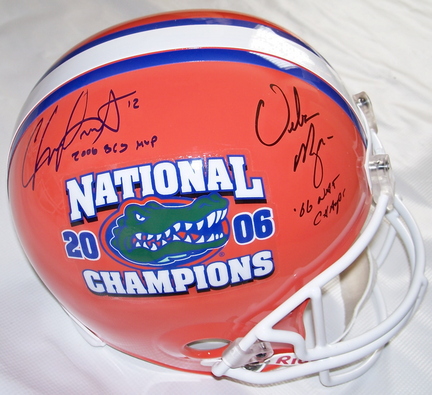Chris Leak and Urban Meyer Autographed Florida Gators National Championship Logo Replica Full Size Helmet with "200