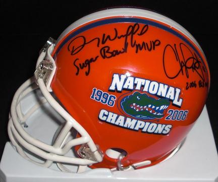 Danny Wuerffel and Chris Leak Dual Autographed Florida Gators 2x National Championship Logo Mini Helmet with Inscription