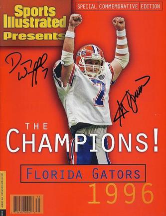 Both QB Danny Wuerffel and Coach Steve Spurrier of the NCAA Florida Gators have hand signed this Commemorative Sports Illustrated (Full Magazine-not just the cover) with Blue sharpie pens. This Commemorative Sports Illustrated came out in 1996 and was available only in Florida, for a limited time, which makes it even more special that it's signed by both champions and Heisman Trophy Winners! This item comes with a Real Deal Memorabilia Certificate of Authenticity (COA), and a matching Authenticity Sticker on the inside cover. Get the REAL DEAL!