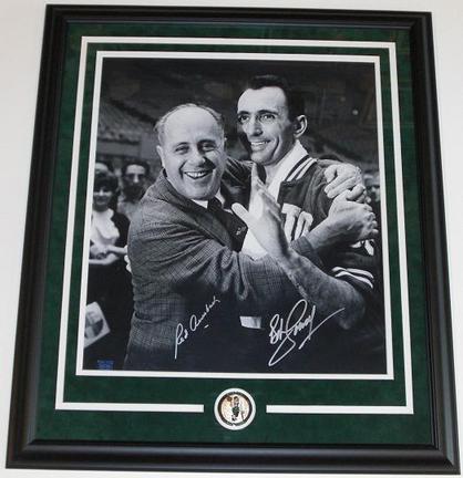Red Auerbach and Bob Cousy Dual Autographed B+W 16" x 20" Boston Celtics Custom Framed Photograph with team me