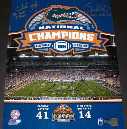 Tim Tebow, Urban Meyer, and Chris Leak TRIPLE Autographed Florida Gators 2006 Championship 16" x 20" Photograp