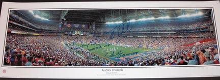 Tim Tebow, Chris Leak, & Urban Meyer TRIPLE Autographed Florida Gators Panoramic Photograph from 2006 Championship G