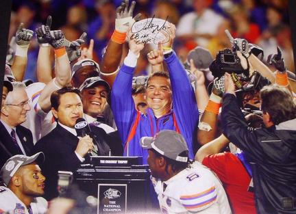 Urban Meyer Autographed Florida Gators 2008 Champs 16" x 20" Photograph with "08 NAT CHAMPS" Inscrip