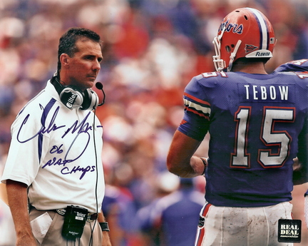 Urban Meyer Autographed (With Tim Tebow) 8" x 10" Photograph with "06 NAT CHAMPS" Inscription (Unfra