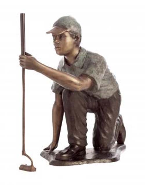 Reading the Green- Kneeling Golfer Bronze Garden Statue - Approx. 37" High