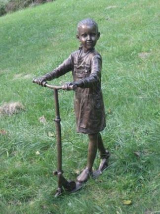 Racing Down the Street (Girl on Scooter) Bronze Garden Statue - Approx. 30" High