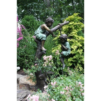 Huck and Finn (Boys Fishing on Tree) Fountain Bronze Garden Statue - Approx. 59" High