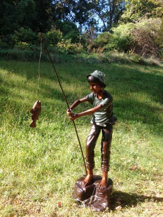 Bronze Boy Fishing in Tree Statue