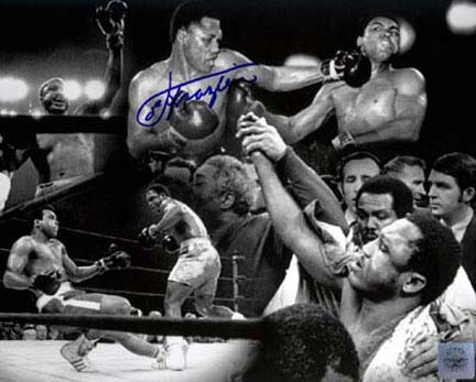 Joe Frazier Autographed 16" x 20" Black & White Photograph featuring a Collage with Muhammad Ali (Unframed