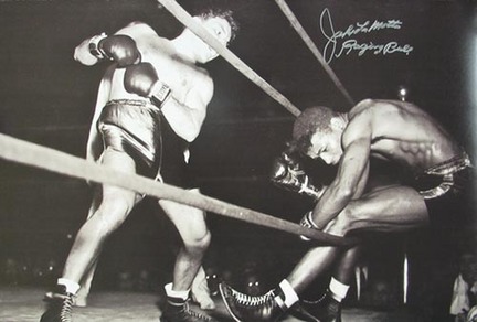 Jake Lamotta Autographed "Knocking Sugar Ray Robinson Through Ropes February 1943" Black and White 20" x 