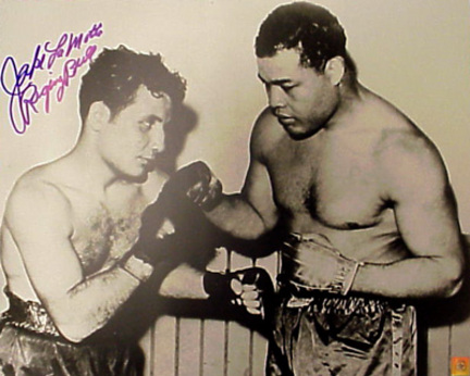 Jake LaMotta Autographed "LaMotta with Joe Louis" 8" x 10" Unframed Black & White Photograph