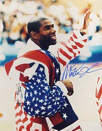 Magic Johnson Autographed "Close Up Olympic Flag" 16" x 20" Photograph (Unframed)
