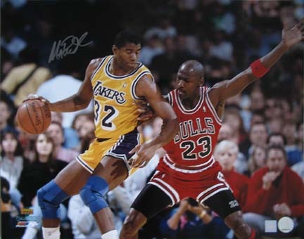 Magic Johnson Autographed "vs. Michael Jordan" 16" x 20" Photograph (Unframed)