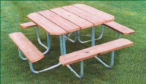 48" Four-Sided Picnic Table With 2" x 10" Redwood Stained Pine Planks