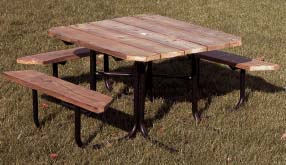 48" Three Seat Wheelchair Accessible Square Picnic Table With Top of Redwood Stained Pine Planks