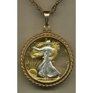 U.S. Walking Liberty Half Dollar Two Tone Coin Cut Out Pendant with 24" Chain and Rope Bezel