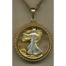 U.S. Walking Liberty Half Dollar Two Tone Coin Cut Out Pendant with 24" Chain and Rope Bezel