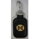 Michigan Wolverines 1/2" Gold Plated Polished Oval "M" on Black Leather Rectangular Key Chain